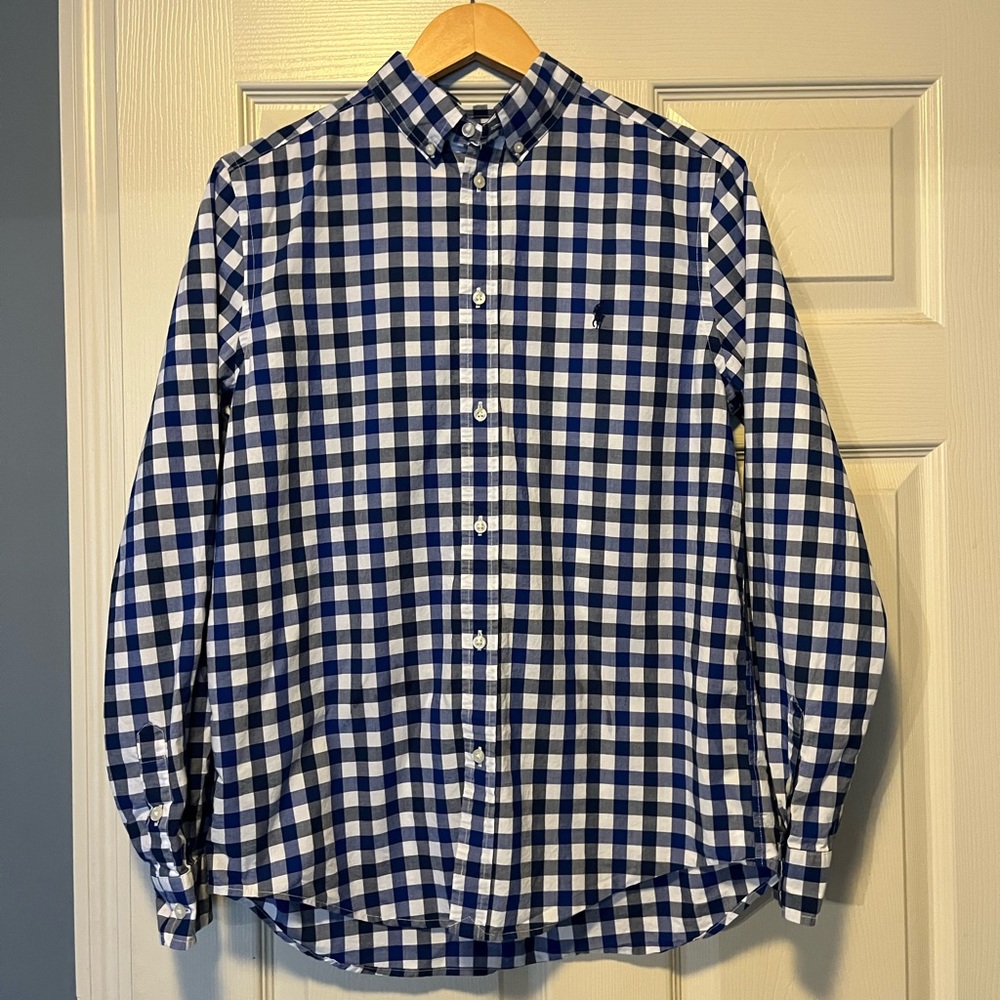 Boys polo a long sleeve button down blue/white